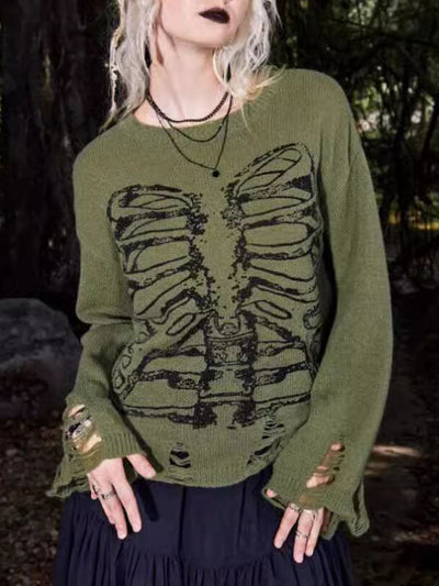 Halloween-Skelett Dunkler Stil Rissiger Langarm-Pullover