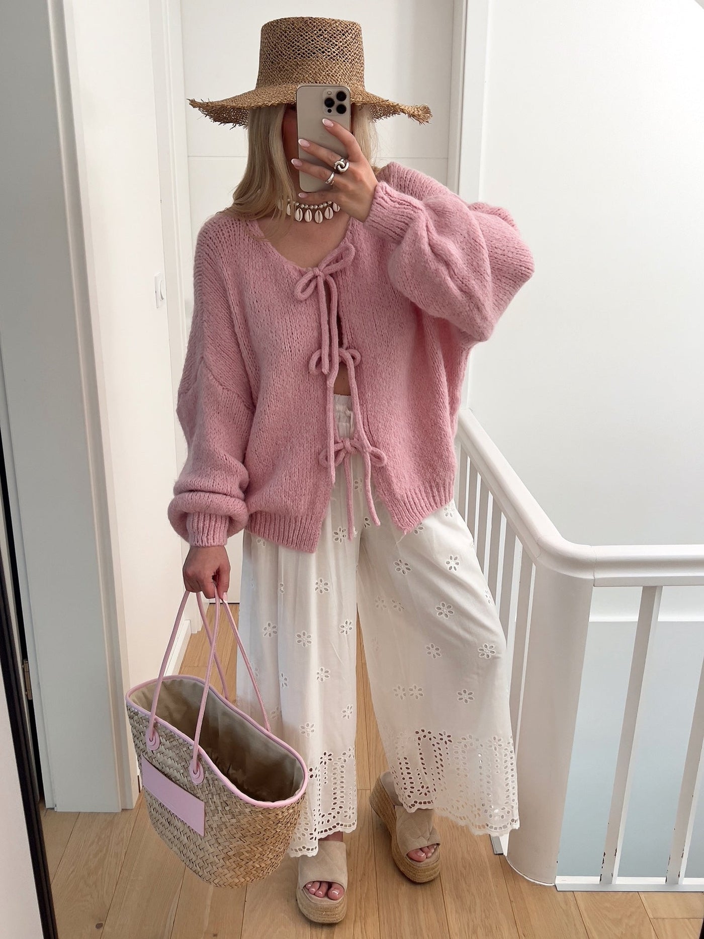Einfarbiger Rundhals-Lace-Up-Cardigan