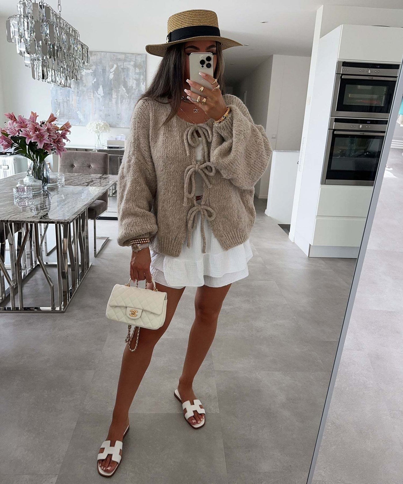 Einfarbiger Rundhals-Lace-Up-Cardigan