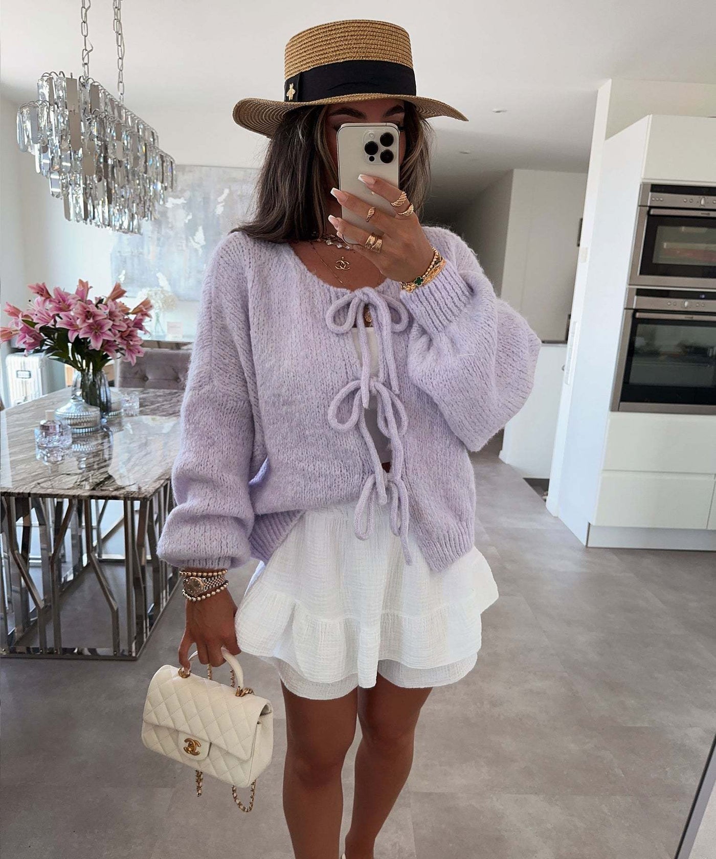 Einfarbiger Rundhals-Lace-Up-Cardigan