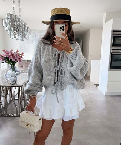 Einfarbiger Rundhals-Lace-Up-Cardigan